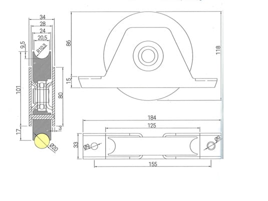 Esquema medidas rueda puerta corredera 120 mm con soporte atornillar